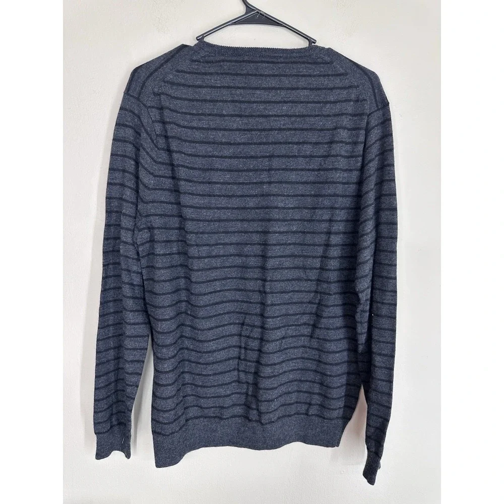 J.Crew 100% Merino Wool V-Neck Pullover Sweater‎ Gray Brown Striped Mens MEDIUM